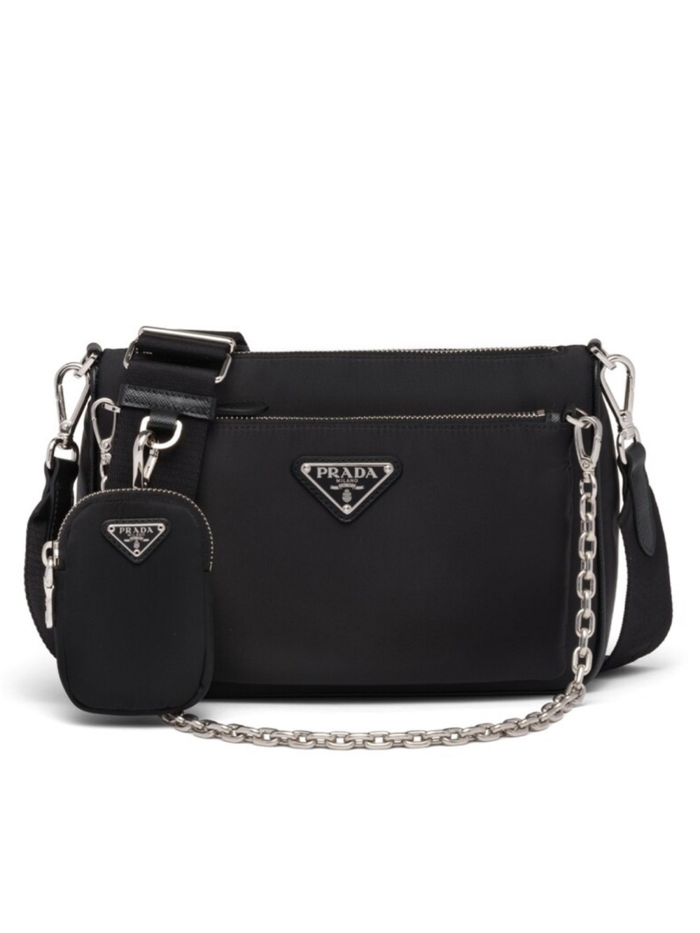 Prada Black Re-Nylon Crossbody with Removable Pouch and Chain
